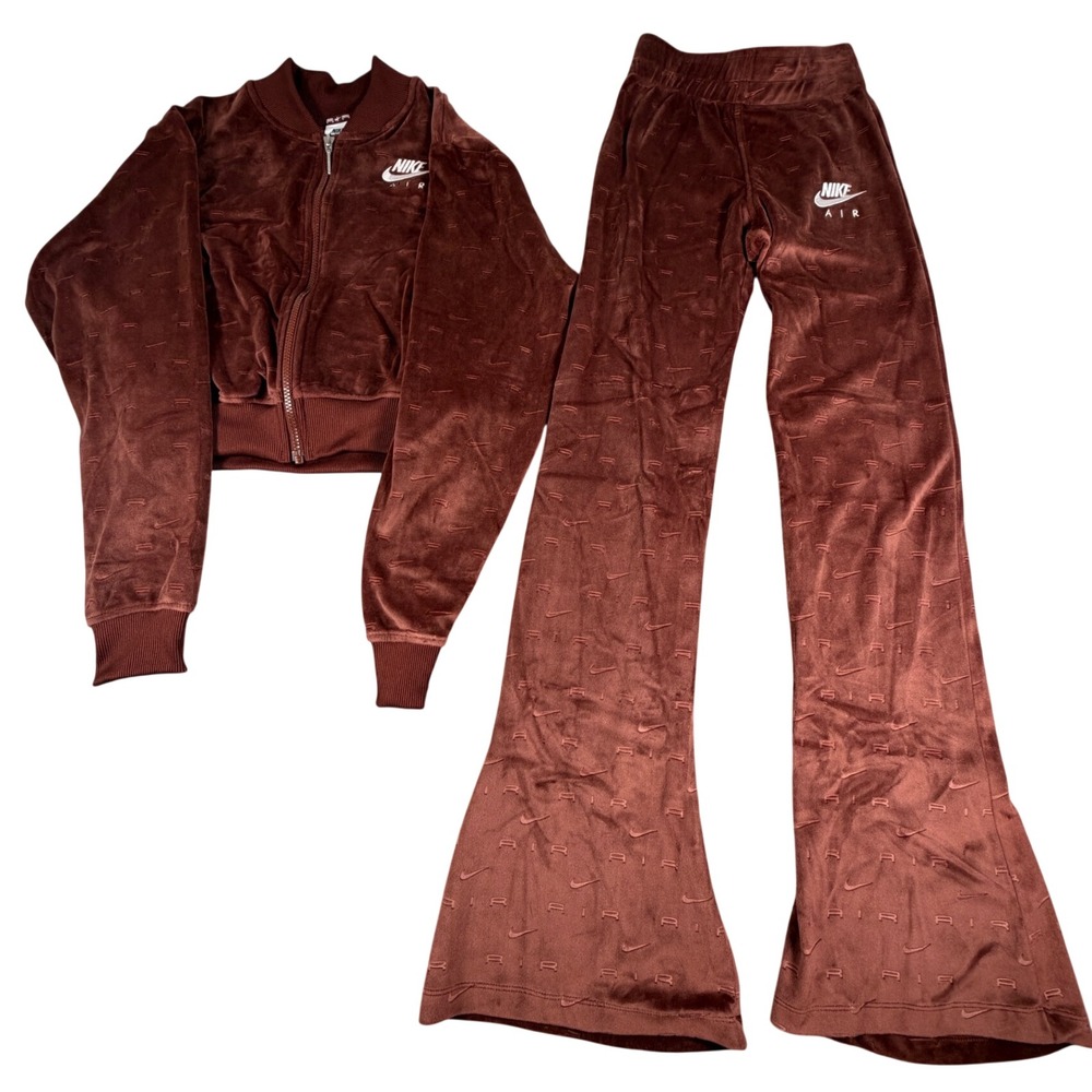 Nike Air Velour Tracksuit Set Maroon Burgundy Cropped Jacket Flare Pants XS